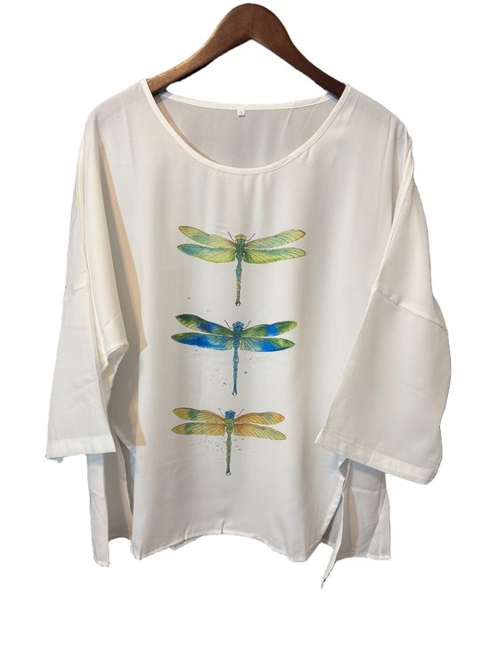 Chicyoo Tops - Chicyoo Women’s Beautiful White Dragonfly Print Blouse Size 2XL New!